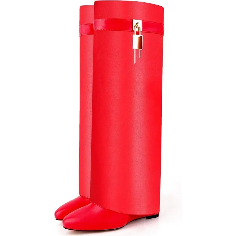 Women Faux Leather Red Pull-on Wedge Heel Knee Shark Padlock Design Boot